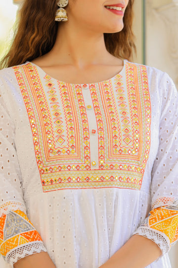 White and Orange Anarkali Schiflli Kurta Dupatta Sets